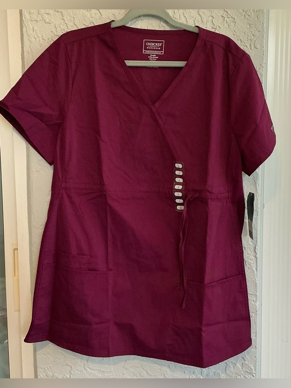 Cherokee Workwear Berry Wrap Maternity Scrub Top with Side Tie